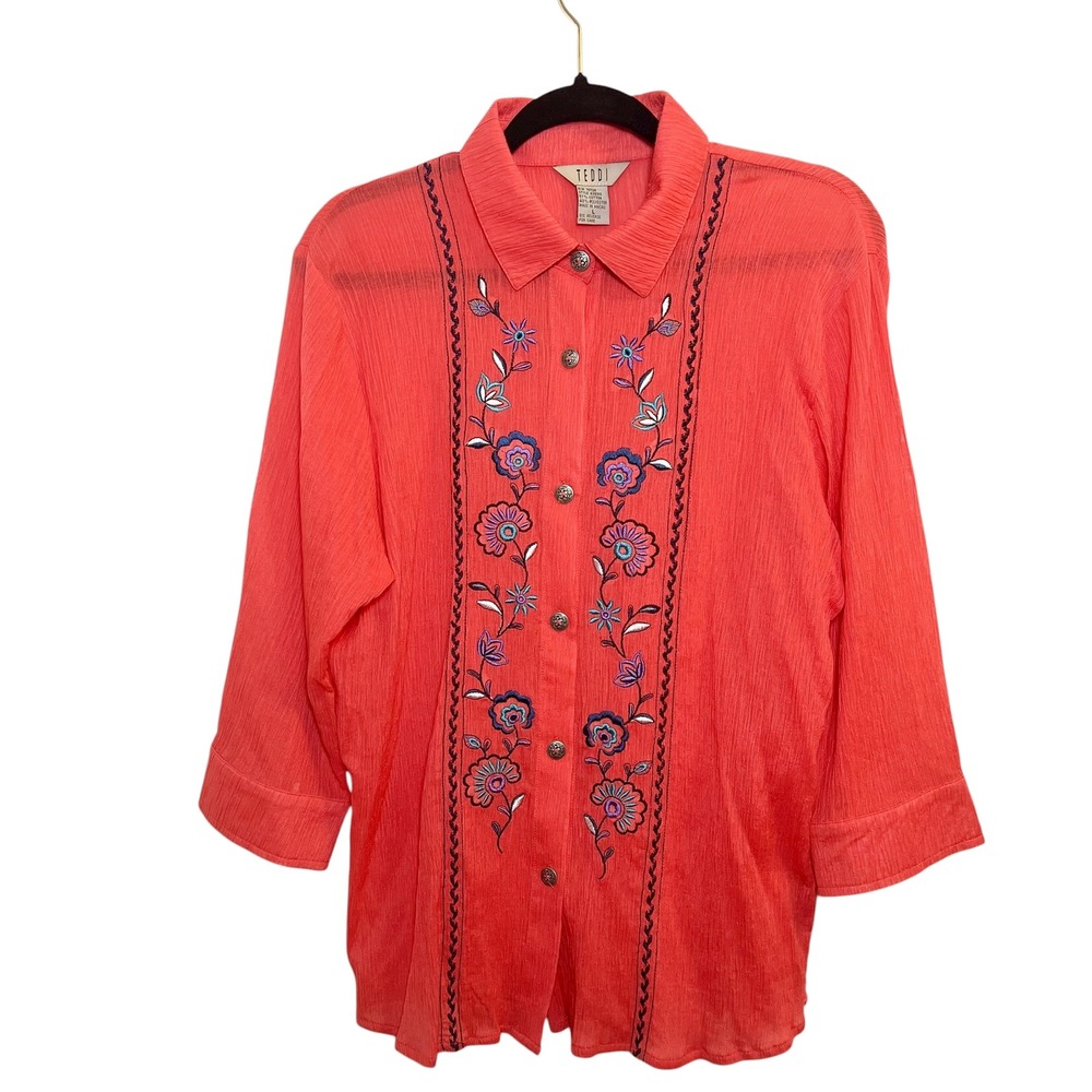 Teddi Embroidered Floral Button Down Gauzy 3/4 Sleeve Coral Top‎ Blouse